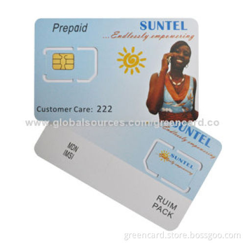 SIM card with standard card size, ICCID, IMSI, PUK and PIN programmable